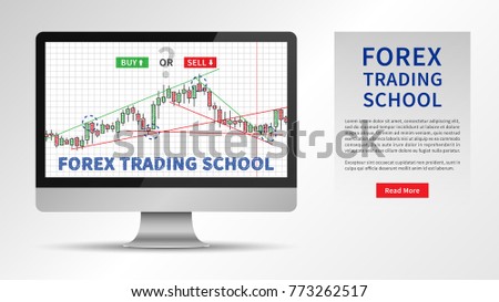 Forex Trading School vector illustration. Stock market strategies and online trading candlestick chart on desktop computer concept. Online forex trading education graphic design.