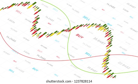 Forex trading signals graph. Financial data analytics chart. Trade indicators to sell and buy currency on the candlestick chart graphic design. Business concept. Vector illustration.