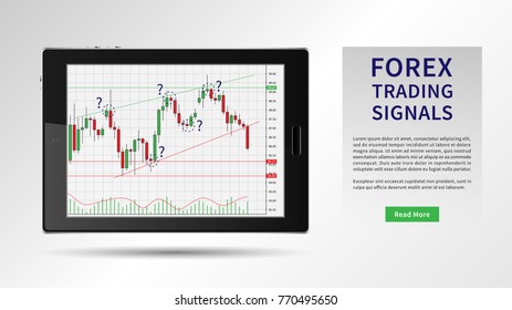Forex Trading Signals vector illustration. Investment strategies and online trading signals on mobile device concept. Buy and sell indicators for forex trade on the candlestick chart graphic design.
