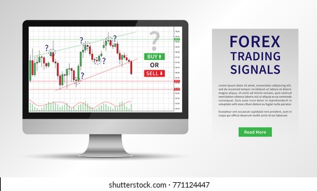 Forex Trading Signals vector illustration. Investment strategies and online trading signals on desktop computer concept. Buy and sell indicators for forex trade on the candlestick chart graphic design