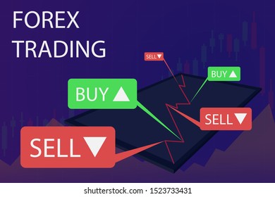 Forex trading, vector illustration with candlestick chart tablet computer, chart and labels sell and buy, the concept of learning to trade