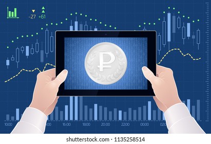 Forex Trading Via Mobile App - Ruble Currency. Graphic illustration on the subject of 'Foreign Exchange Market'.