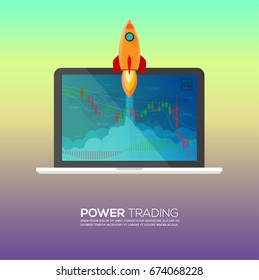 Forex trading.Market chart business, with laptops and rockets.