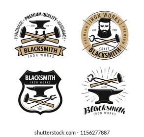 Forge, Blacksmith Logo Or Label. Blacksmithing Set Of Emblems