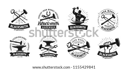 Forge, blacksmith logo or label. Blacksmithing set of icons