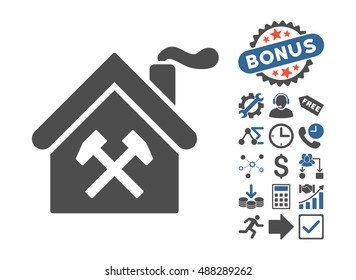 Forge Building icon with bonus design elements. Vector illustration style is flat iconic bicolor symbols, cobalt and gray colors, white background.