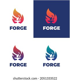 Forge silhouette flame, fire, blacksmith logo icon labels design, vector