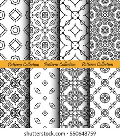 Forged backgrounds set. Intricate seamless patterns. Elegant ornament for damask wallpaper, fabric, paper, invitation print. Stylized weave vector. Black and white flourish motif. Unusual vintage.