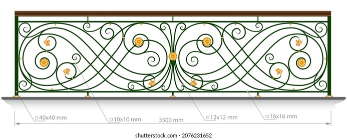 Forged balcony. Railing vector image with dimension. Wrought iron balcony fence,stairs. Artistic forging grating. Decorative ornament. Contour illustration with abstract swirls and flowers