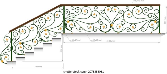 Schmiedebalkon. Rail-Vektorbild mit Dimension. Schmiedeeiserner Zaun, Treppe. Künstlerisches Schmieden graten. Dekorative Ornamente. Kontrastgrafik mit abstrakten Wirbel und Blumen