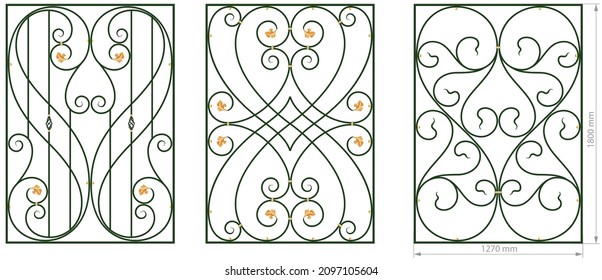 Forged balcony. Railing vector image with dimension. Wrought iron balcony fence, stairs. Artistic forging grating. Decorative ornament. Contour illustration with abstract swirls and flowers