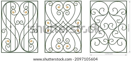 Forged balcony. Railing vector image with dimension. Wrought iron balcony fence, stairs. Artistic forging grating. Decorative ornament. Contour illustration with abstract swirls and flowers Stock photo © 