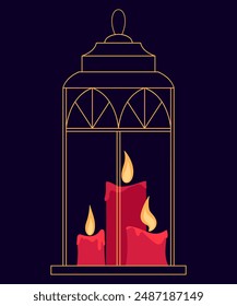Forged candlestick with three red lit candles. Vector minimalistic illustration in flat style on a dark background. Decorative lantern.
