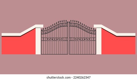 The forged entrance gate is made of pink cement wall. Cast iron forging with roundings and spikes. Vector illustration. A large metal door as an entrance gate.