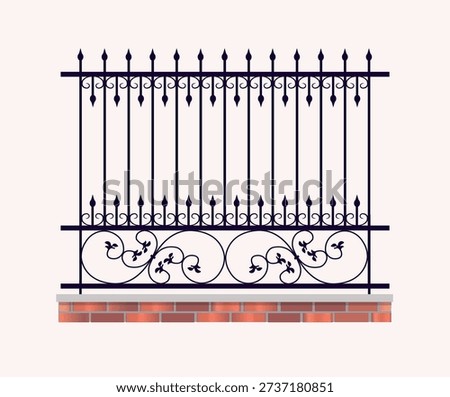 Forged fence with decorative elements and brickwork. Vector illustration