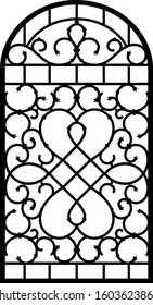 Forged fence. Gothic door, vector design. Decorative garden gate. Metal pattern or iron wicket for garden, castel. Rich ornament. Scroll-work