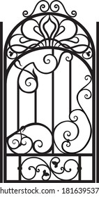 Forged fence. Gothic door, vector design. Decorative garden gate. Metal pattern or iron wicket for garden, castel. Rich ornament. Scroll-work