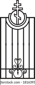 Forged fence. Gothic door, vector design. Decorative garden gate. Metal pattern or iron wicket for garden, castel. Rich ornament. Scroll-work