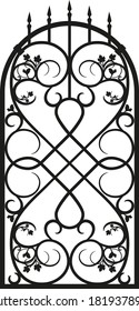 Forged fence. Gothic door, vector design. Decorative garden gate. Metal pattern or iron wicket for garden, castel. Rich ornament.