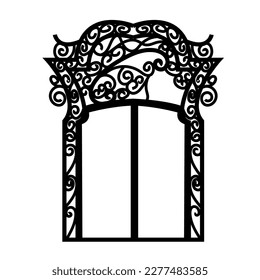 Alambre forjado. Puerta gótica, diseño vectorial. Puerta de jardín decorativa. Patrón de metal o wicket de hierro para jardín, castel. Ricos adornos. Desplazamiento