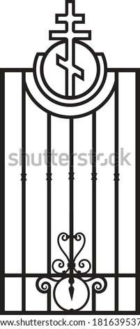 Forged fence. Gothic door, vector design. Decorative garden gate. Metal pattern or iron wicket for garden, castel. Rich ornament. Scroll-work
