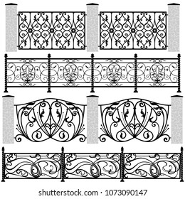 Forged fences vector set. Оpenwork iron tracery.