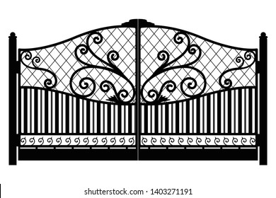 Forged gate. Architecture detail. Black forged iron gate with decorative lattice isolated on white background. Vector EPS 10