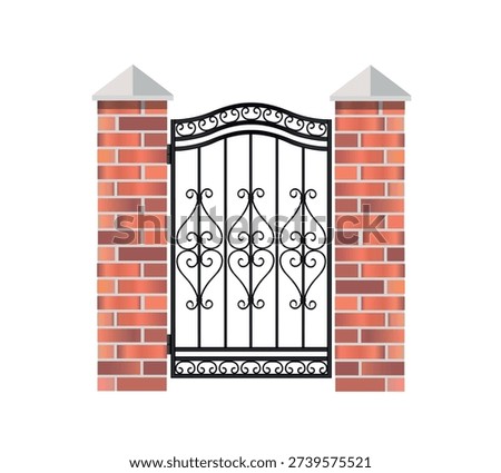 Forged gate with decorative elements and brickwork. Vector illustration