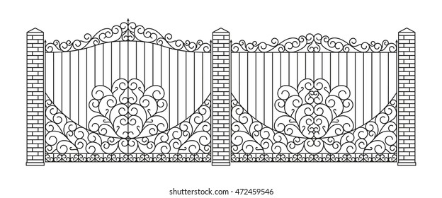 Forged gates and fences set.  Linear design. Vector outline illustration isolated on white.