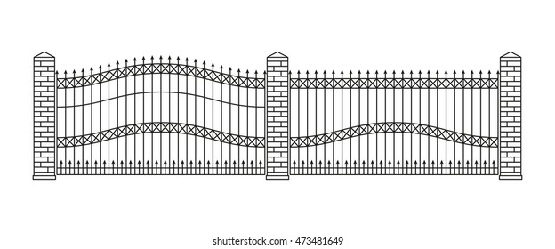 Forged gates and fences set.  Linear design. Vector outline illustration isolated on white.