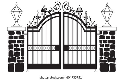 Forged gates with lanterns on a brick basis