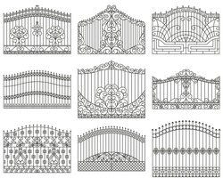 Forged Gates Set.  Decorative Metal Gates With Swirls, Arrows And Ornaments. 