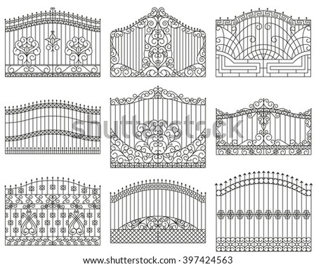 Forged gates set.  Decorative metal gates with swirls, arrows and ornaments. 