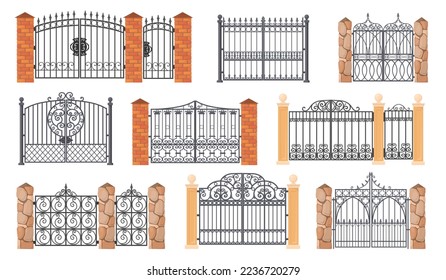 Forged gates. Wrought gate, cartoon ornamental metal enclosure for house park or garden entrance antique iron with ironwork decorative railing, neat vector illustration of gate architecture vintage