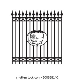 Forged iron fence with decorative element Halloween - witch pot and a spider web in an oval frame. Vector illustration.