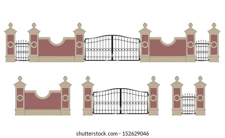 Forged iron gate with stone pillars, isolated, vector