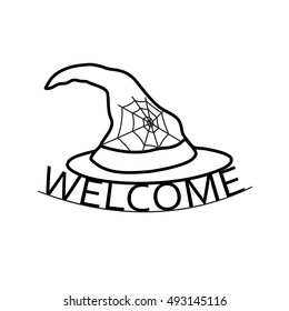 Forged iron signboard Welcome with witch hat. Vector illustration.