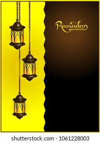 FORGED LANTERN dangling ON THE CHAIN, STAINED GLASSES. SYMBOL OF THE MUSLIM HOLIDAY. Hand drawn lettering Ramadan Kareem.  vetrical doodle with place for your text.