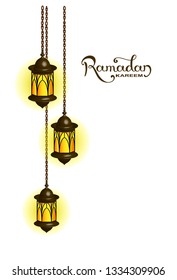 FORGED LANTERN dangling ON THE CHAIN, STAINED GLASSES. SYMBOL OF THE MUSLIM HOLIDAY. Hand drawn lettering Ramadan Kareem.  vetrical doodle with place for your text.