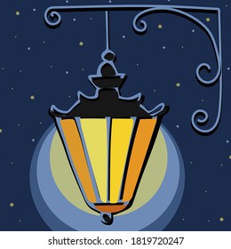 Forged lantern in retro style against the background of the night starry sky. Vector illustration. Template for romantic cards and religious posters