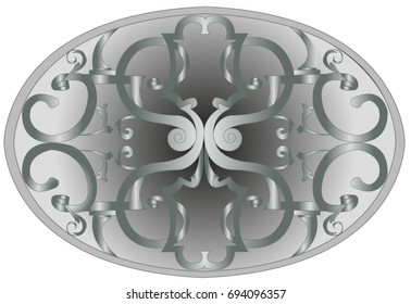 Forged lattice in the oval window of a Baroque building
