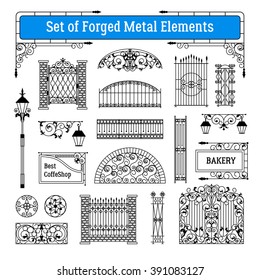  Forged metal elements black white set with gates and street lamps flat isolated vector illustration 