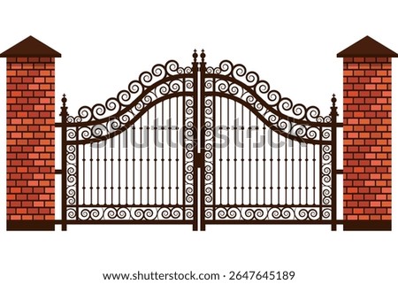 Forged metal gate brick columns vector