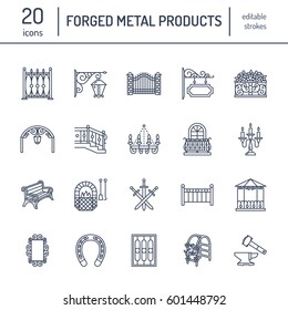 Forged metal products, artistic forging vector line icons. Blacksmith elements, wrought window fence, gate, railing, garden furniture, signboard and street lights. Metal decoration thin linear signs.