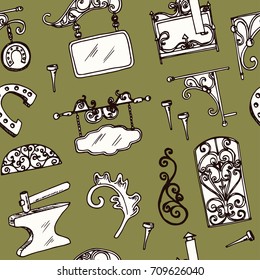 Forged metal products, artistic forging vector doodle seamless pattern.Vector isolated Illustration on white background 