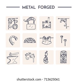 Forged metal products, artistic forging vector doodles.Vector isolated Illustration on white background 