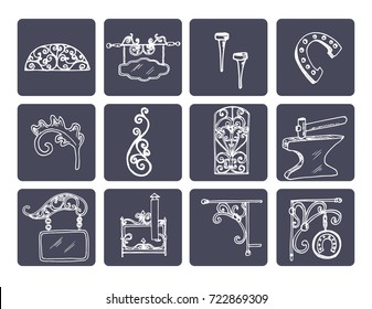 Forged metal products, artistic forging vector doodles.Vector isolated Illustration on white background 