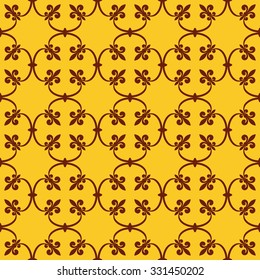 Forged seamless pattern of brown fleur-de-lis on a gold background. Openwork metal fence design. Modern style for wallpaper, wrapping, fabric, background, apparel, other print production. Vector Eps10