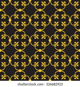Forged seamless pattern of gold fleur-de-lis on a gray background. Openwork metal fence design. Modern style for wallpaper, wrapping, fabric, background, apparel, other print production. Vector