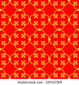 Forged seamless pattern of gold fleur-de-lis on a red background. Openwork metal fence design. Modern style for wallpaper, wrapping, fabric, background, apparel, other print production. Vector